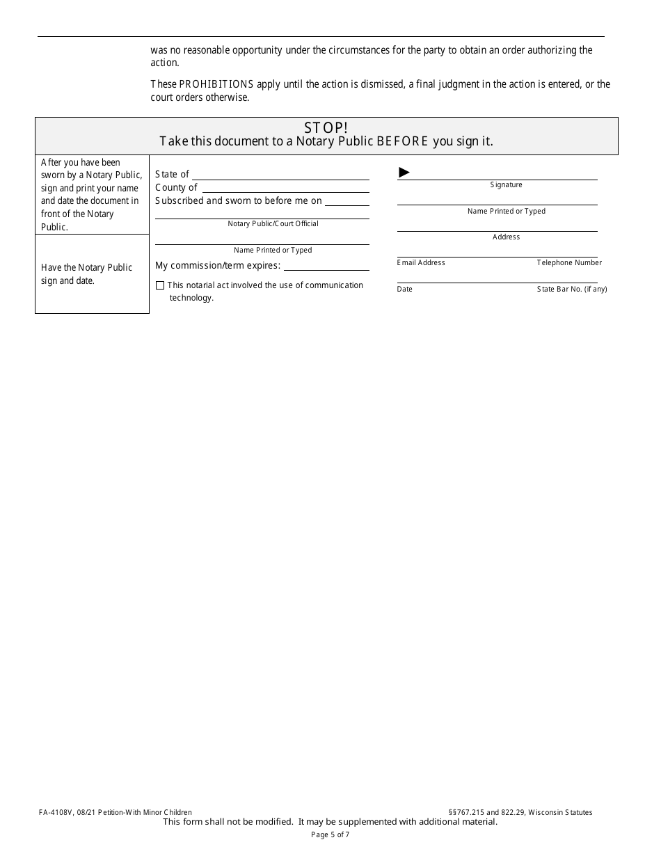 Form FA-4108V Petition With Minor Children - Wisconsin, Page 5
