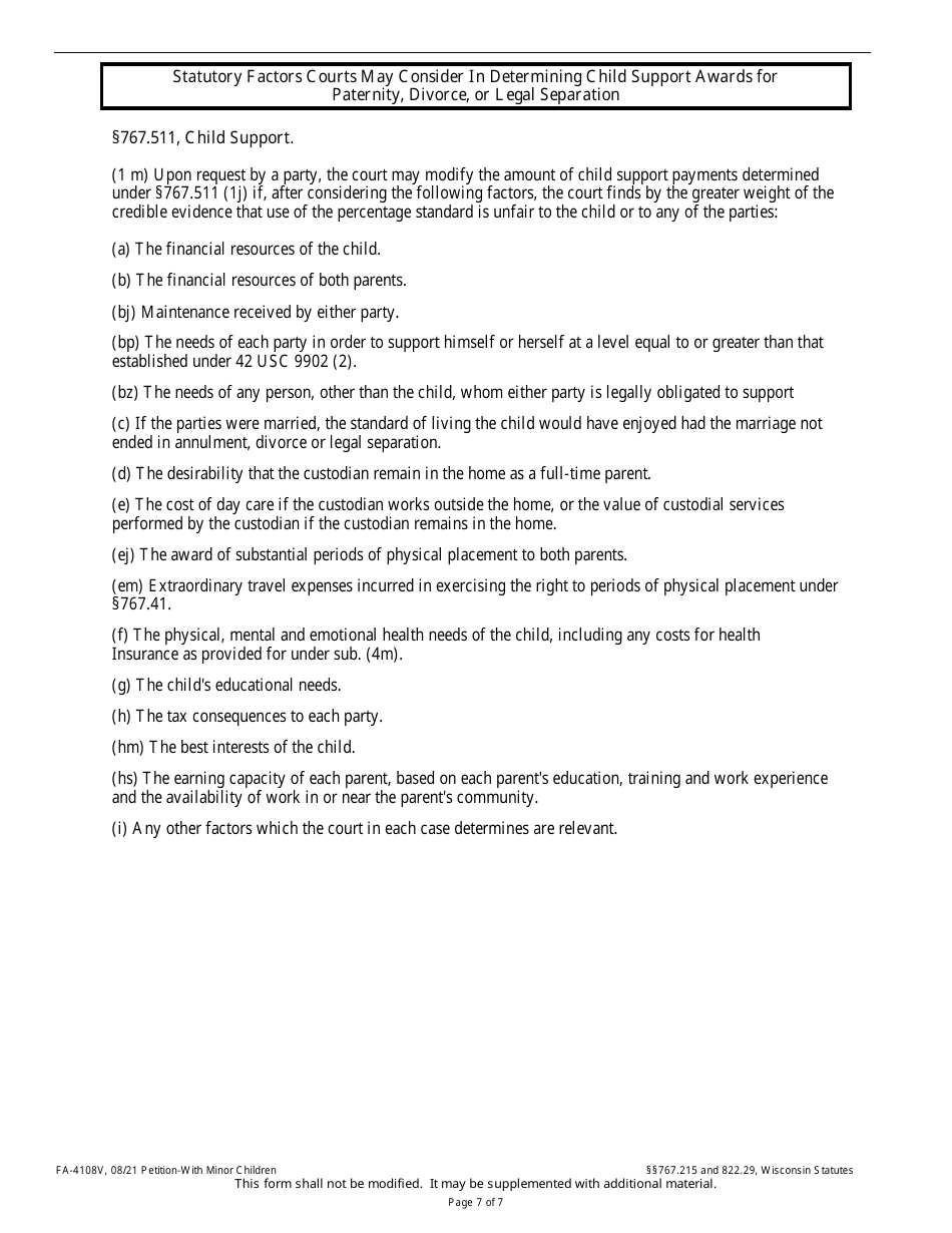 Form FA-4108V Petition With Minor Children - Wisconsin, Page 7