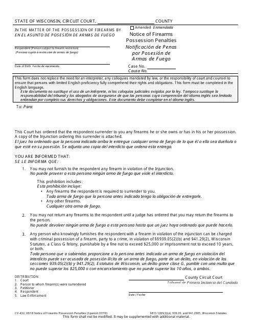 Form CV-432 Notice of Firearms Possession Penalties - Wisconsin (English/Spanish)
