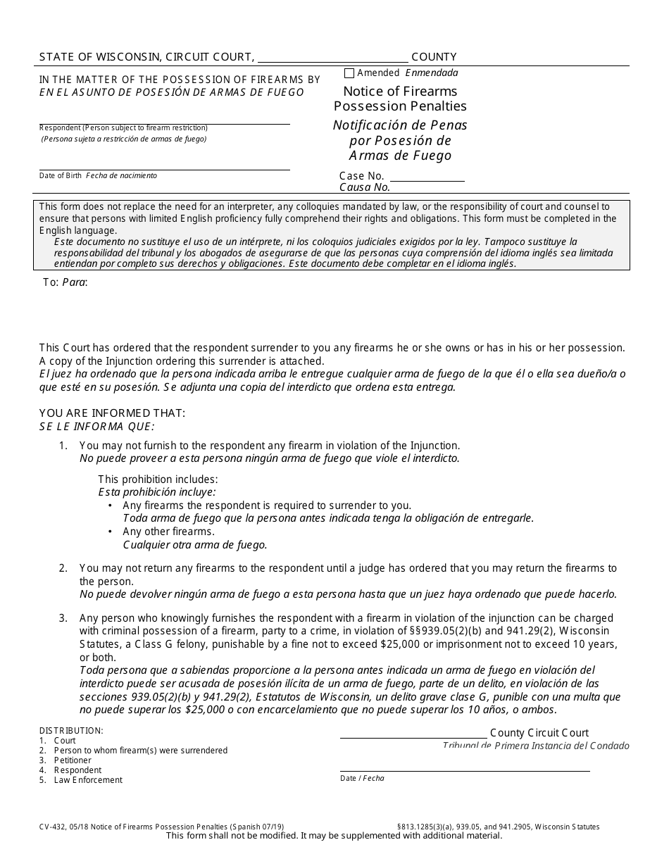 Form CV-432 Notice of Firearms Possession Penalties - Wisconsin (English / Spanish), Page 1