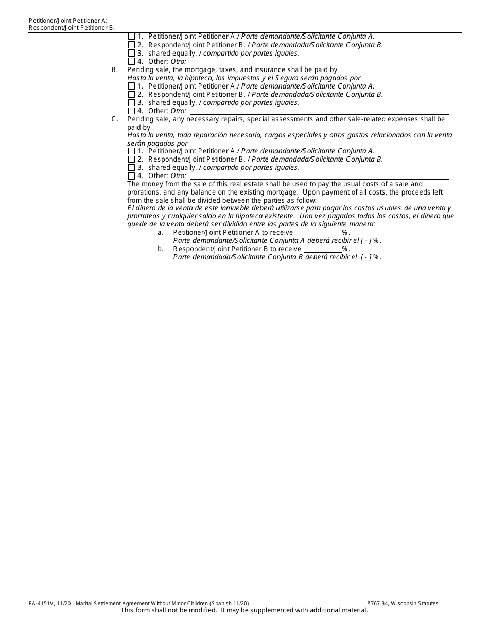 Form FA-4151V Marital Settlement Agreement Without Minor Children - Wisconsin (English / Spanish), Page 15