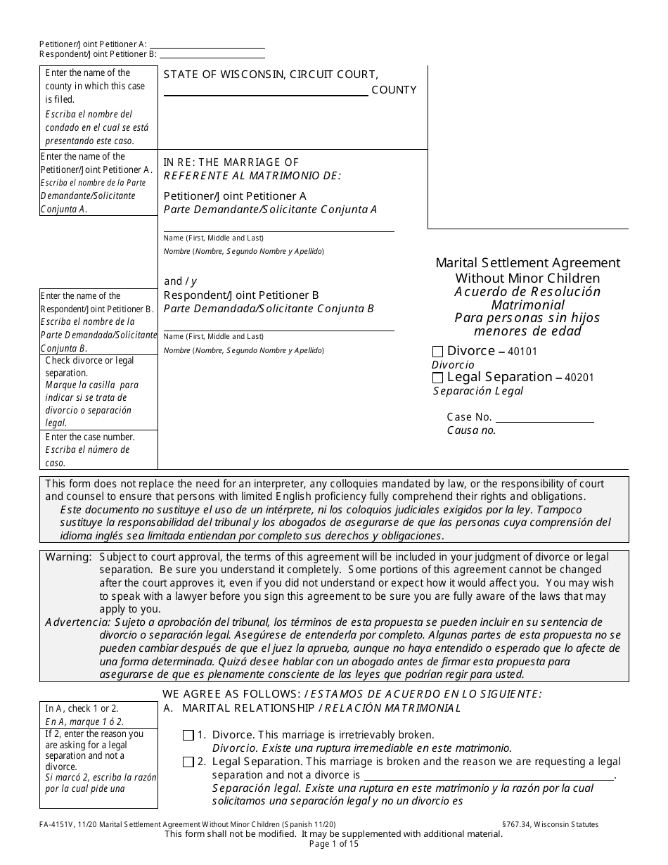 Form FA-4151V Marital Settlement Agreement Without Minor Children - Wisconsin (English / Spanish), Page 1
