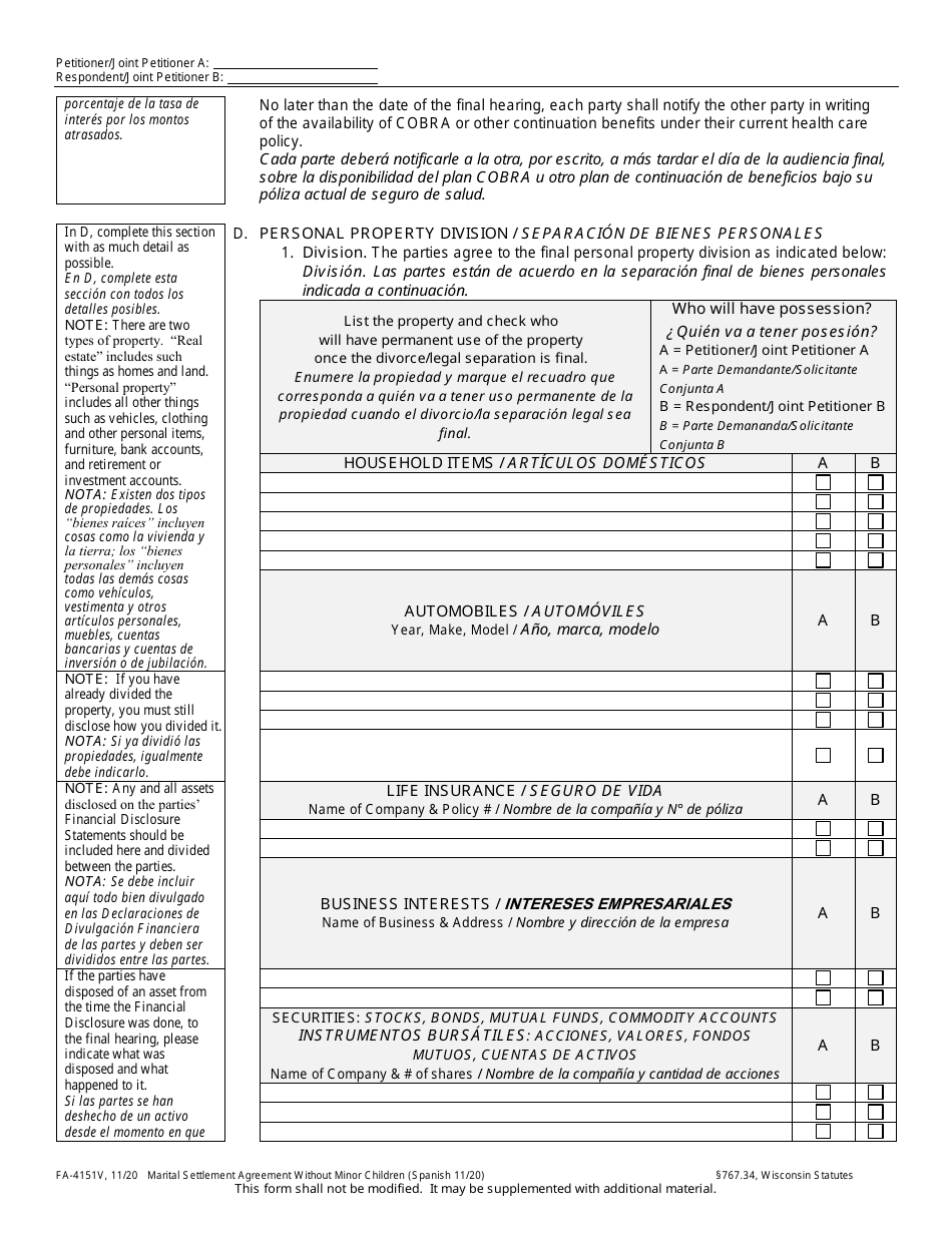 Form FA-4151V Marital Settlement Agreement Without Minor Children - Wisconsin (English / Spanish), Page 4