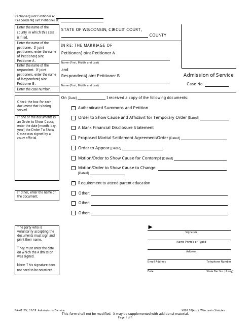 Form FA-4119V Admission of Service - Wisconsin
