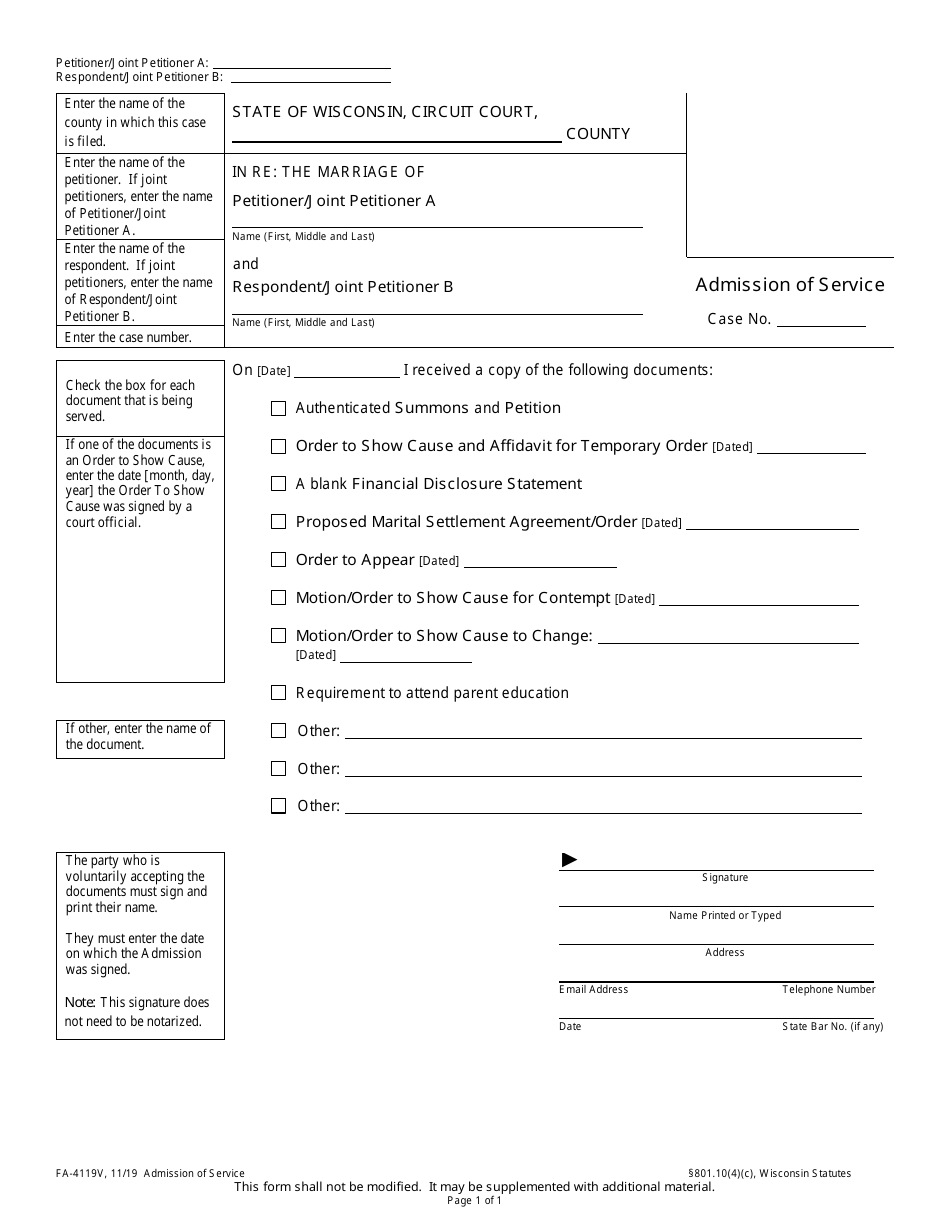 Form FA-4119V Admission of Service - Wisconsin, Page 1
