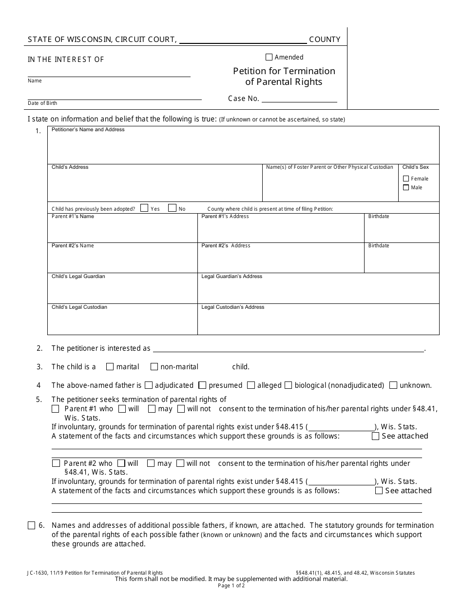 Form JC-1630 Petition for Termination of Parental Rights - Wisconsin, Page 1