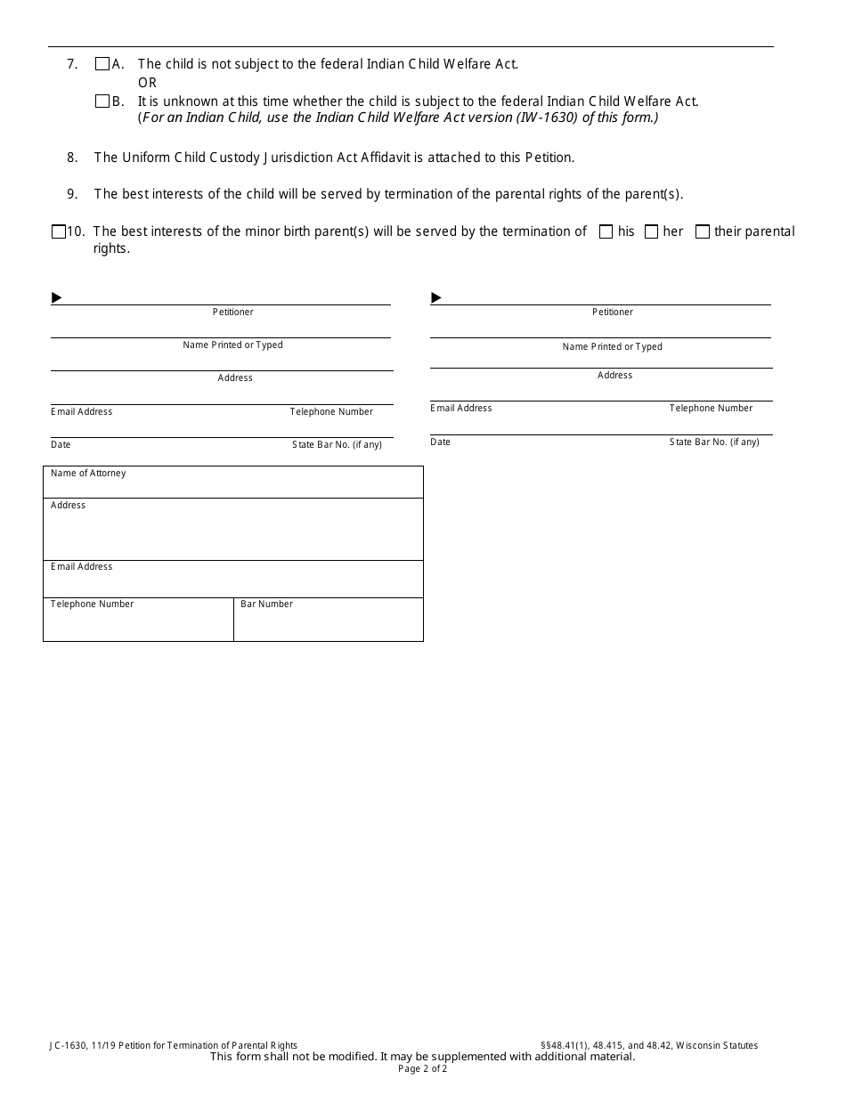 Form JC-1630 Petition for Termination of Parental Rights - Wisconsin, Page 2