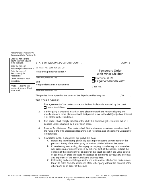 Form FA-4126VB Temporary Order With Minor Children - Wisconsin