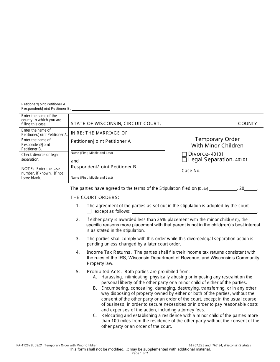 Form FA-4126VB Temporary Order With Minor Children - Wisconsin, Page 1