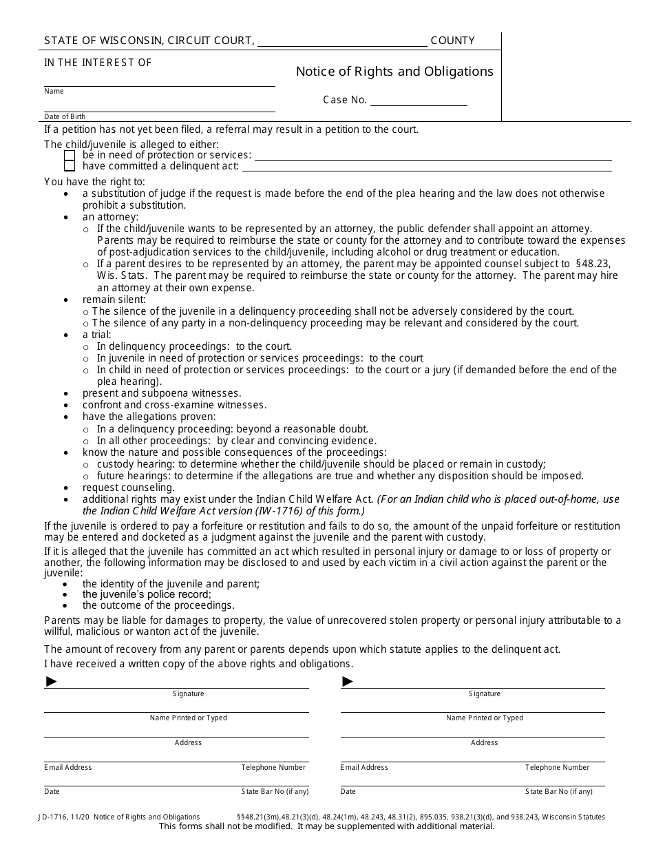 Form JD-1716 Notice of Rights and Obligations - Wisconsin, Page 1