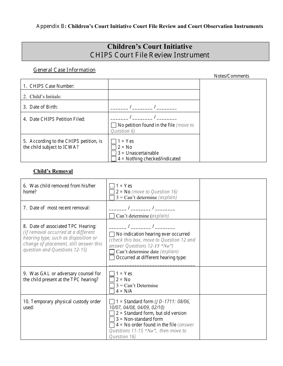 Appendix B Childrens Court Initiative - Chips Court File Review Instrument - Wisconsin, Page 1
