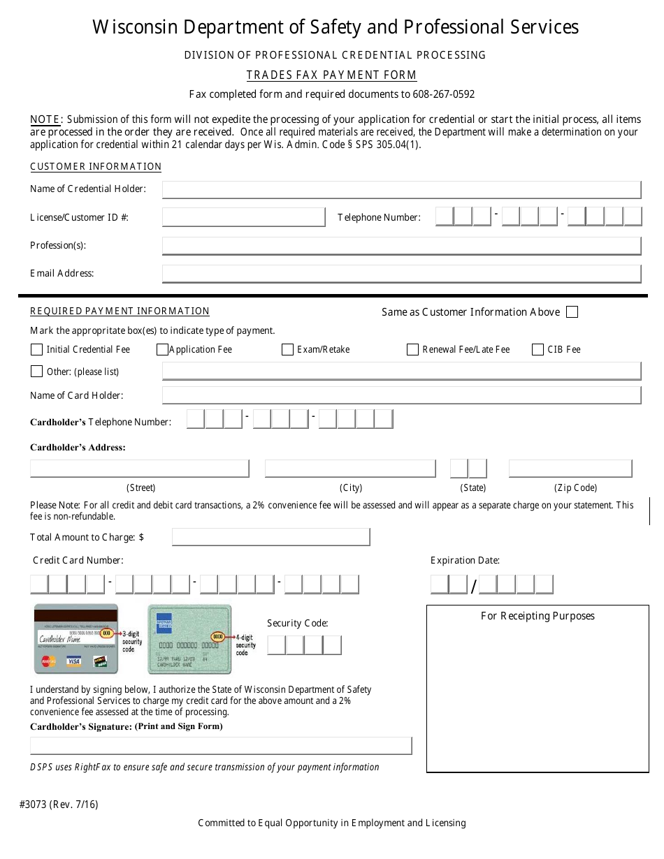Form 3073 Trades Fax Payment Form - Wisconsin, Page 1