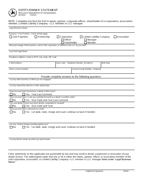 Form MV2844 Entity/Owner Statement - Wisconsin