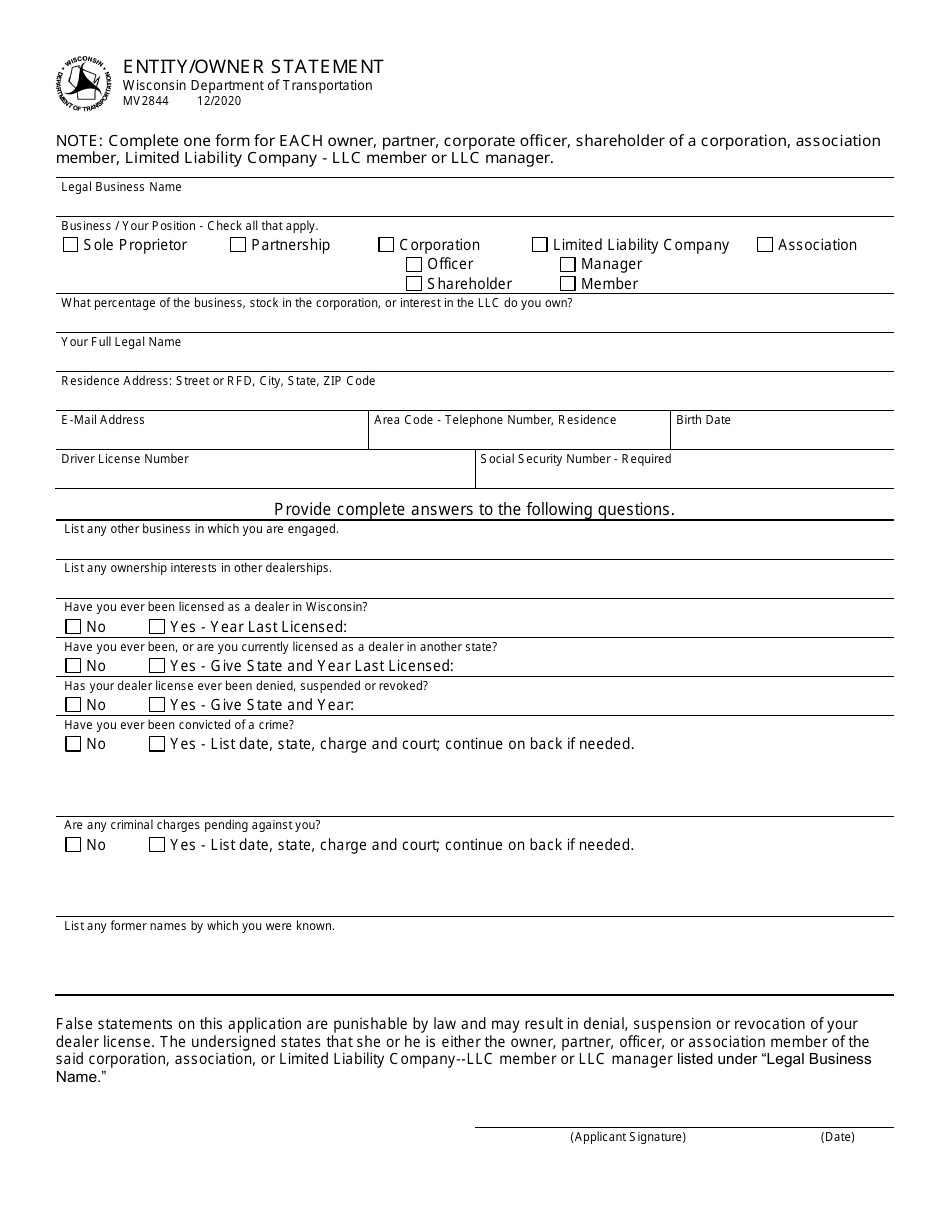 Form MV2844 Entity / Owner Statement - Wisconsin, Page 1