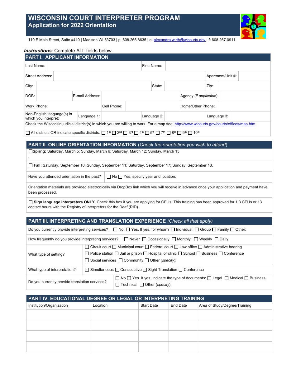 Application for Orientation - Wisconsin Court Interpreter Program - Wisconsin, Page 1