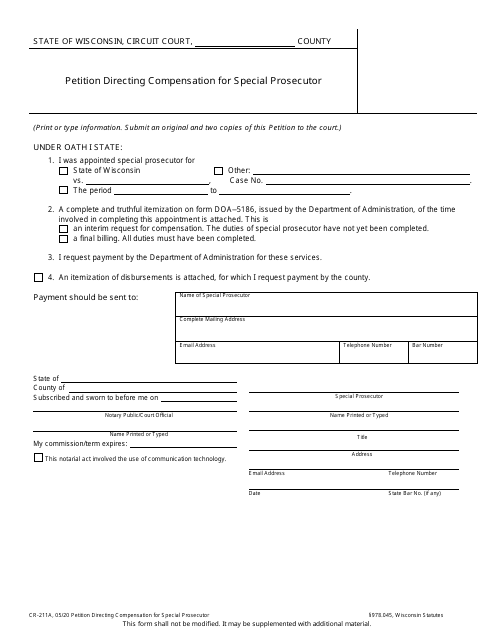 Form CR-211A Petition Directing Compensation for Special Prosecutor - Wisconsin
