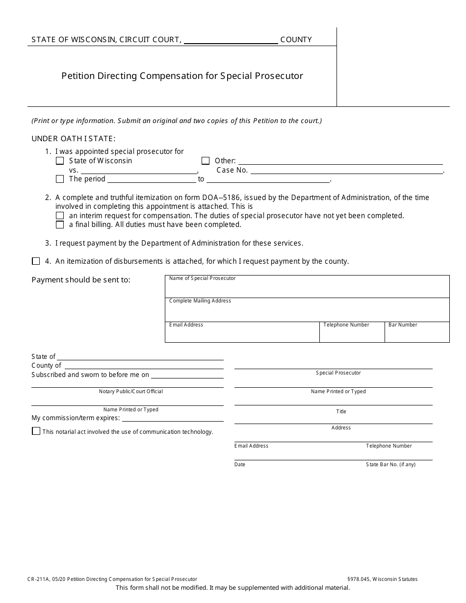 Form CR-211A Petition Directing Compensation for Special Prosecutor - Wisconsin, Page 1