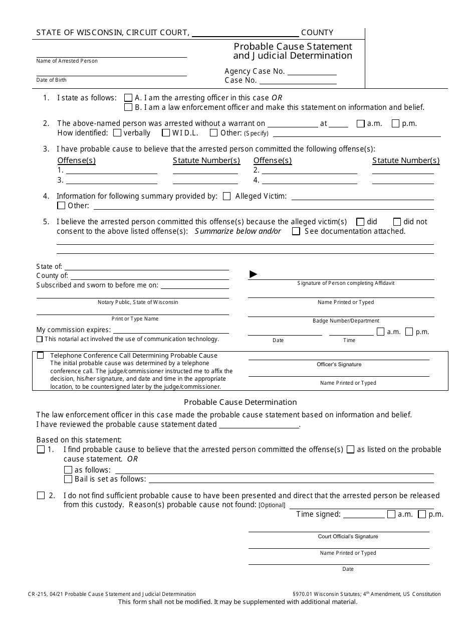 Form CR-215 Probable Cause Statement and Judicial Determination - Wisconsin, Page 1