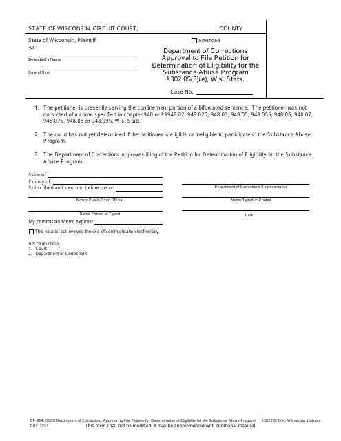 Form CR-264 (DOC-2251) Department of Corrections Approval to File Petition for Determination of Eligibility for the Substance Abuse Program - Wisconsin