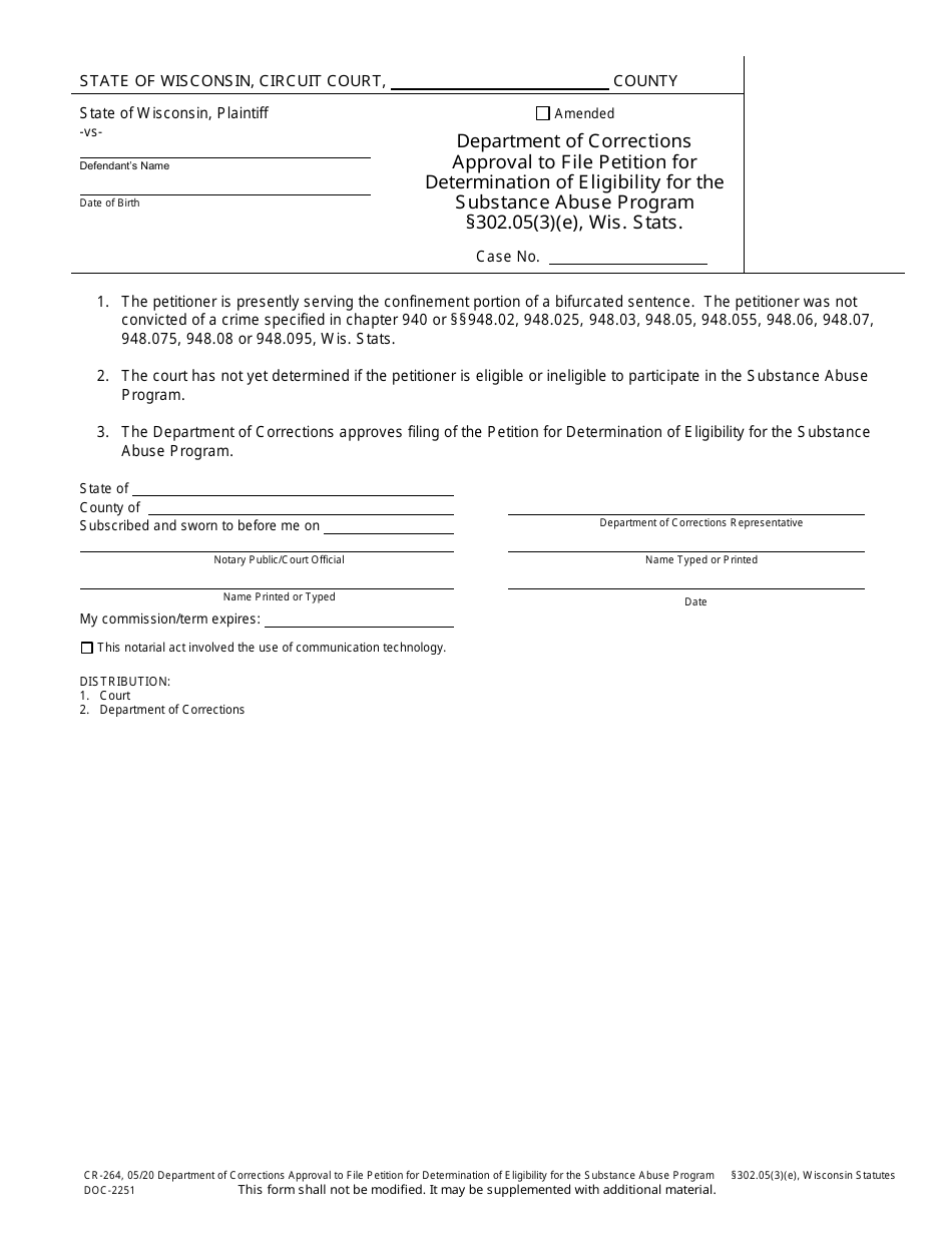 Form CR-264 (DOC-2251) Department of Corrections Approval to File Petition for Determination of Eligibility for the Substance Abuse Program - Wisconsin, Page 1