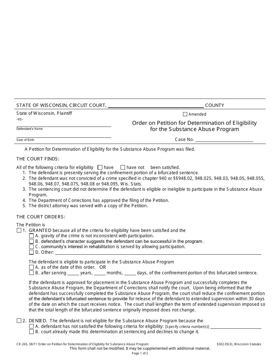 Form CR-265 Order on Petition for Determination of Eligibility for the Substance Abuse Program - Wisconsin, Page 1
