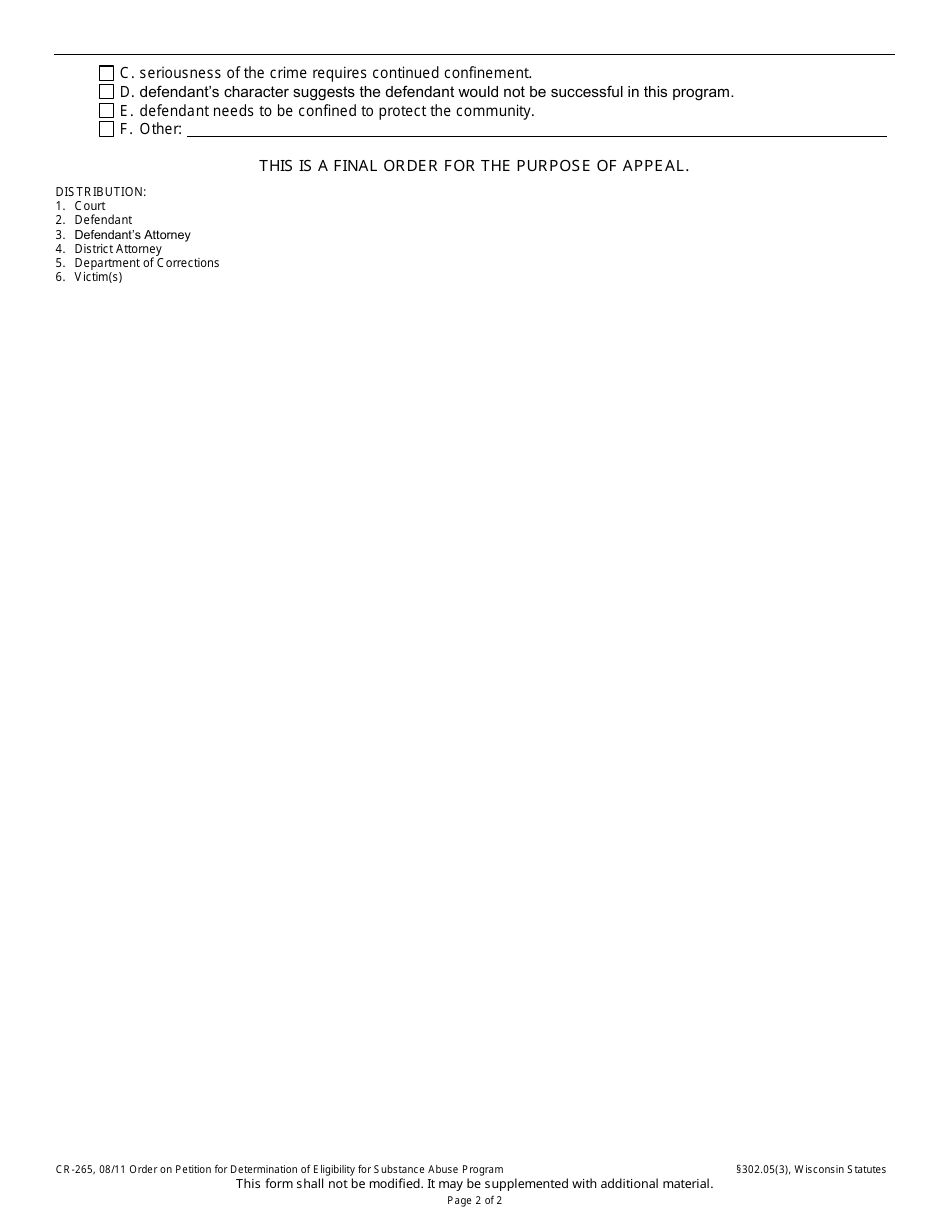 Form CR-265 Order on Petition for Determination of Eligibility for the Substance Abuse Program - Wisconsin, Page 2