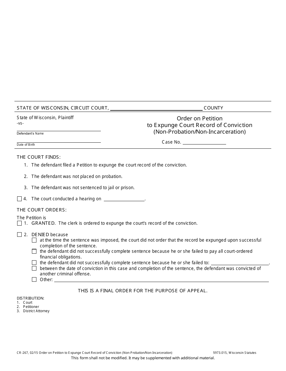 Form CR-267 Order on Petition to Expunge Court Record of Conviction (Non-probation/Non-incarceration) - Wisconsin, Page 1