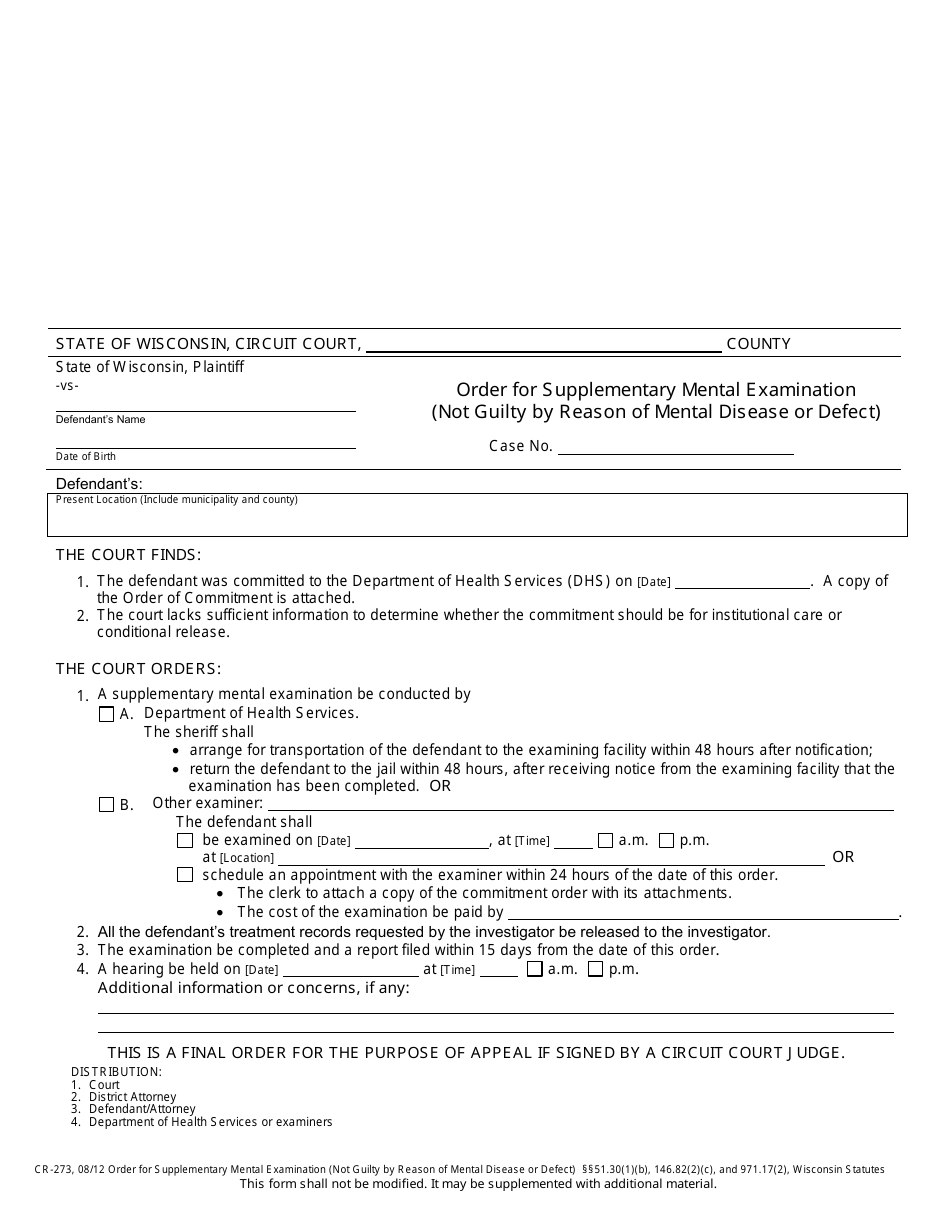 Form CR-273 Order for Supplementary Mental Examination (Not Guilty by Reason of Mental Disease or Defect) - Wisconsin, Page 1