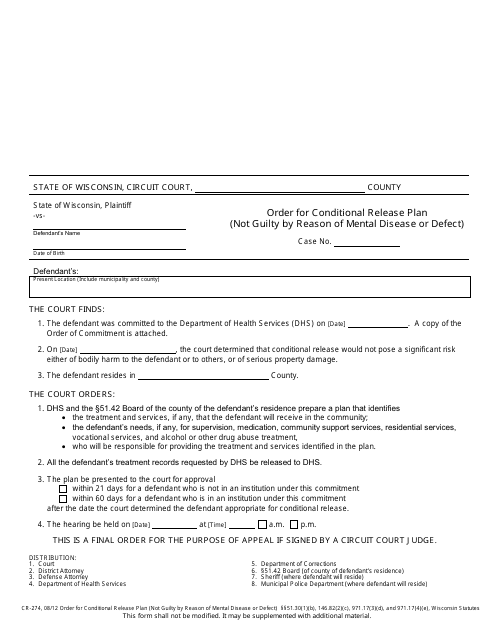 Form CR-274 Order for Conditional Release Plan (Not Guilty by Reason of Mental Disease or Defect) - Wisconsin