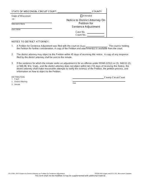 Form CR-259A Notice to District Attorney on Petition for Sentence Adjustment - Wisconsin