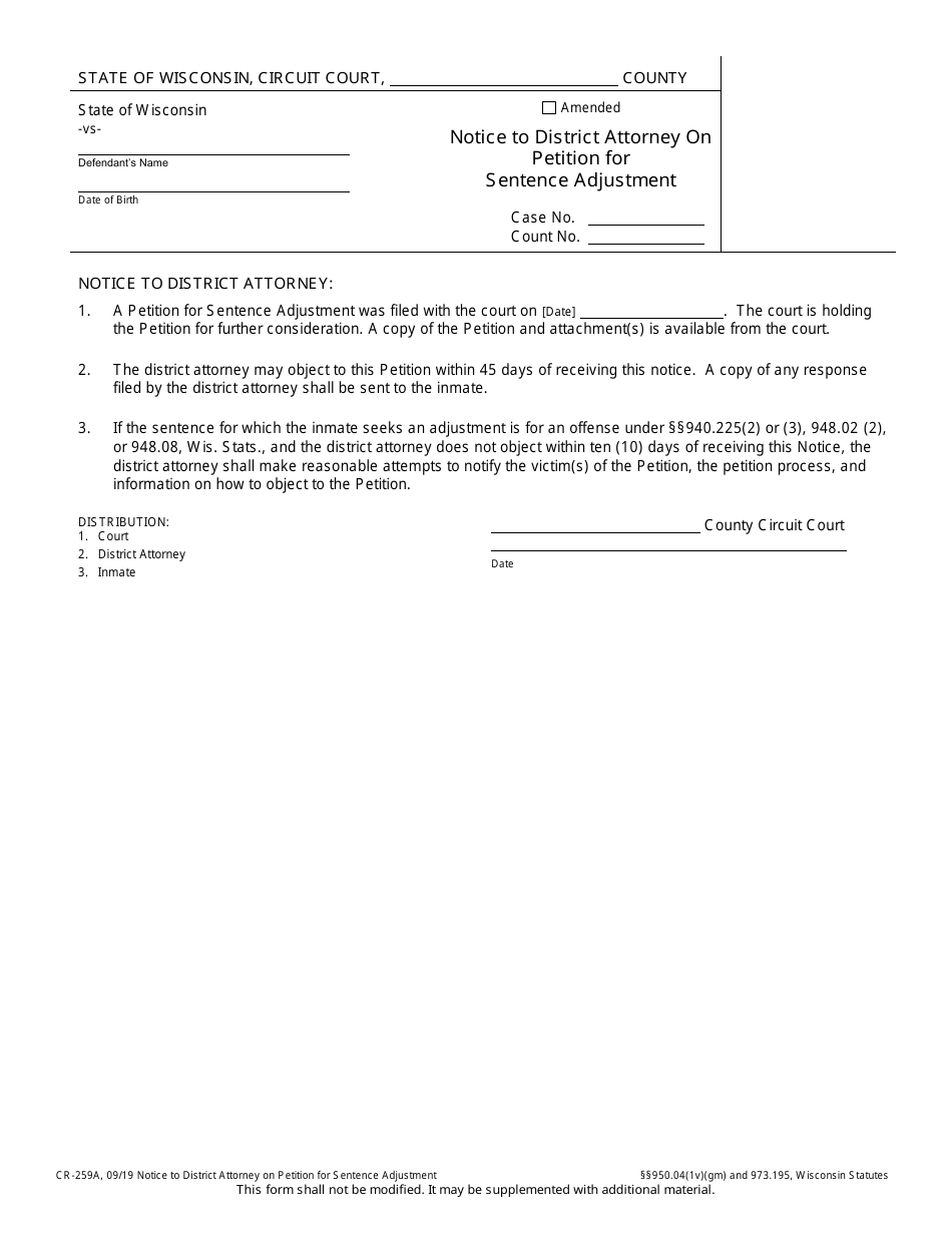 Form CR-259A Notice to District Attorney on Petition for Sentence Adjustment - Wisconsin, Page 1