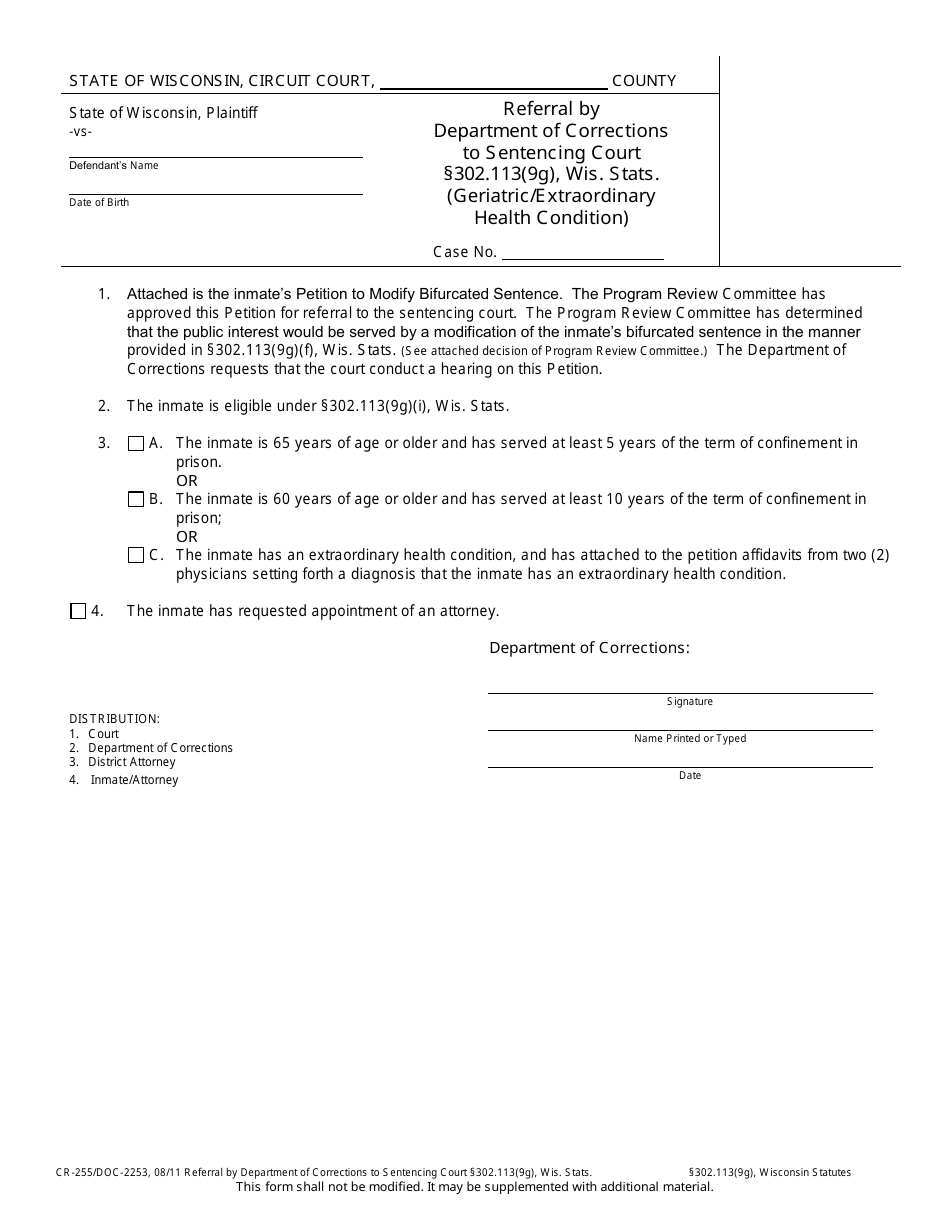 Form CR-255 Referral by Department of Corrections to Sentencing Court Section 302.113(9g), Wis. Stats. (Geriatric / Extraordinary Health Condition) - Wisconsin, Page 1