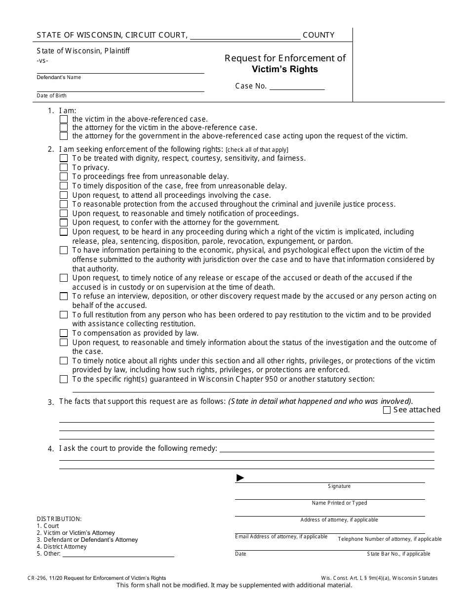 Form CR-296 Request for Enforcement of Victims Rights - Wisconsin, Page 1