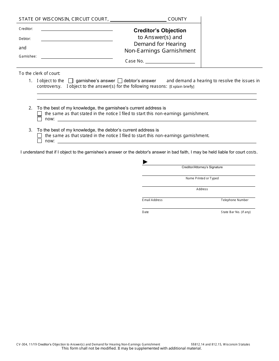 Form CV-304 Creditors Objection to Answer(S) and Demand for Hearing Non-earnings Garnishment - Wisconsin, Page 1