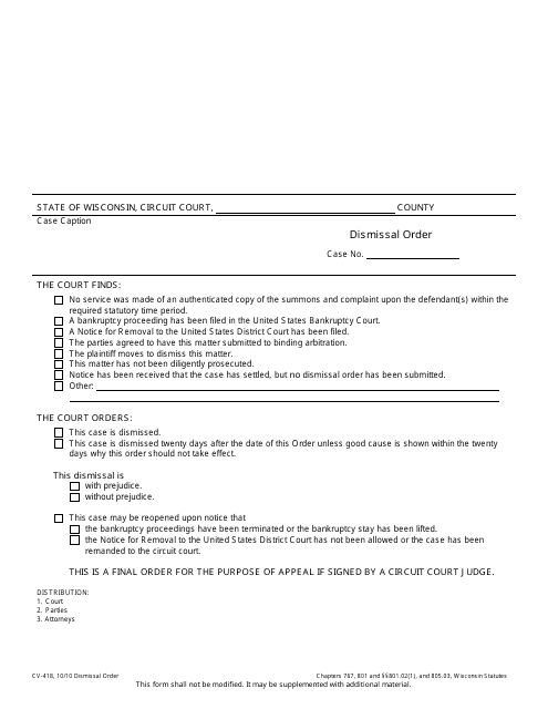 Form CV-418 Dismissal Order - Wisconsin