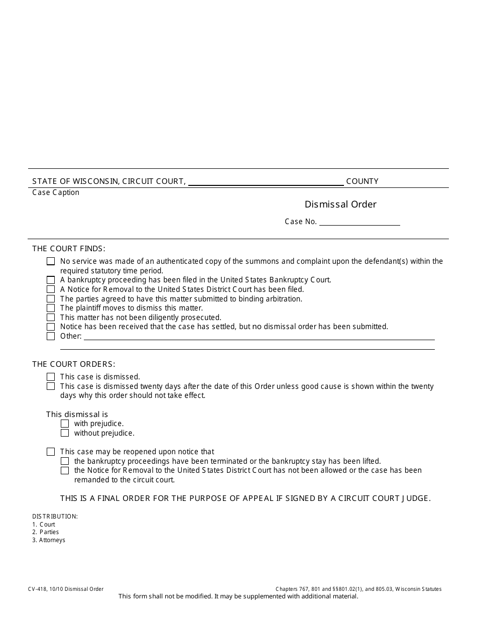 Form CV-418 Dismissal Order - Wisconsin, Page 1