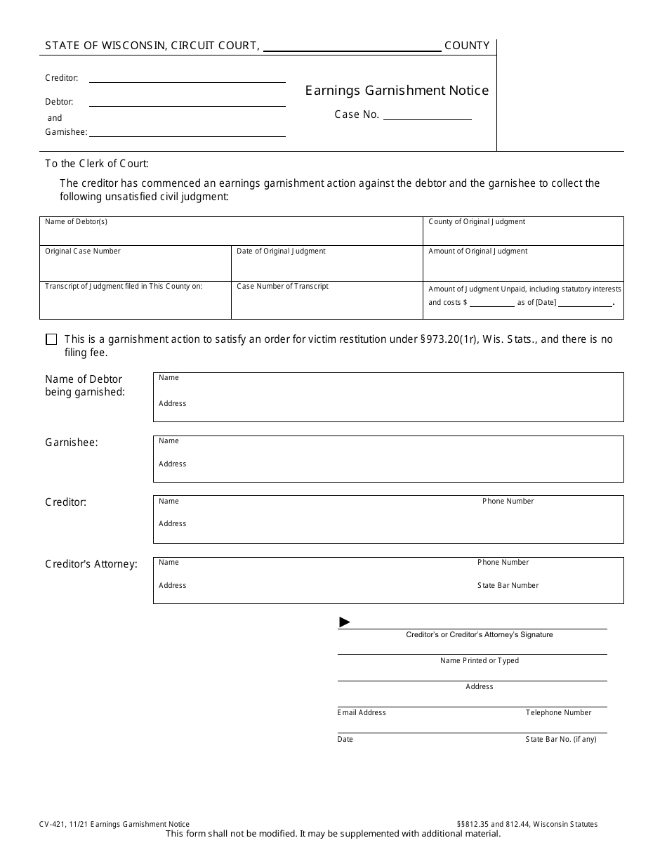 Form CV-421 Earnings Garnishment Notice - Wisconsin, Page 1