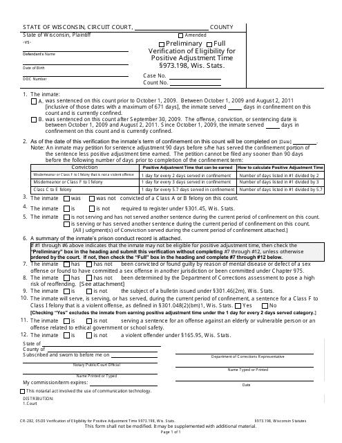 Form CR-282 Verification of Eligibility for Positive Adjustment Time Section 973.198, Wis. Stats. - Wisconsin