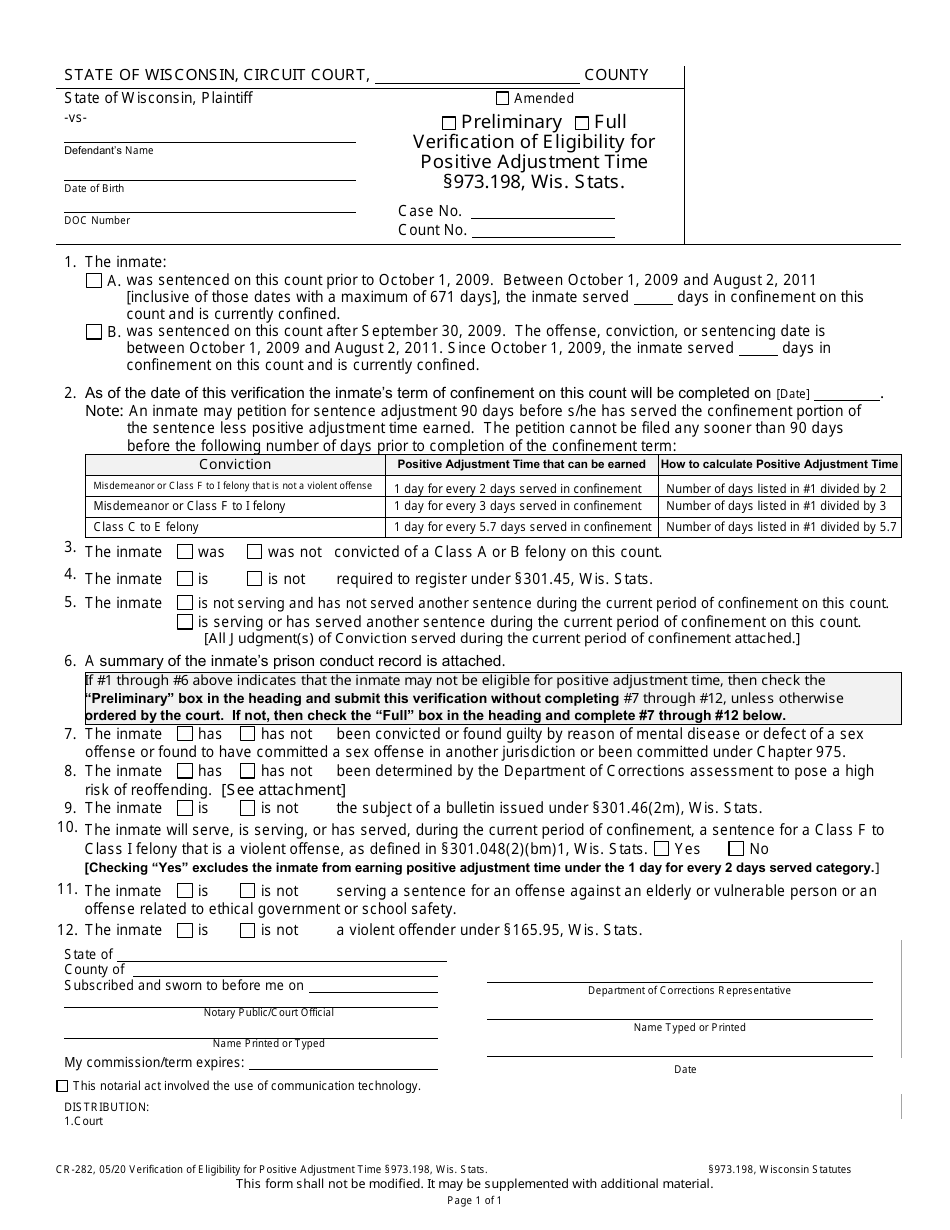 Form CR-282 Verification of Eligibility for Positive Adjustment Time Section 973.198, Wis. Stats. - Wisconsin, Page 1