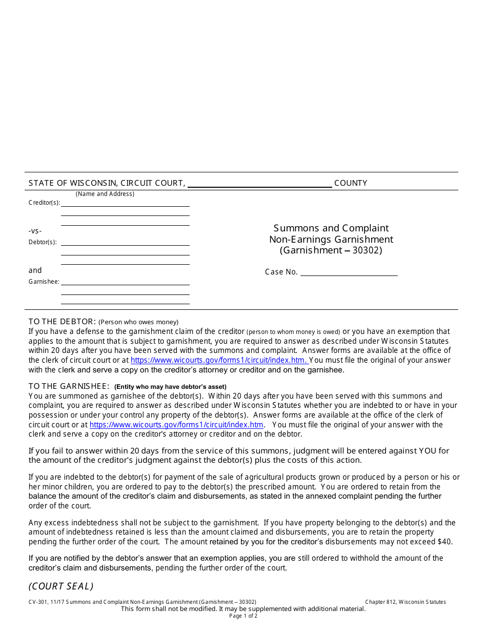 Form CV-301 Summons and Complaint Non-earnings Garnishment (Garnishment - 30302) - Wisconsin, Page 1