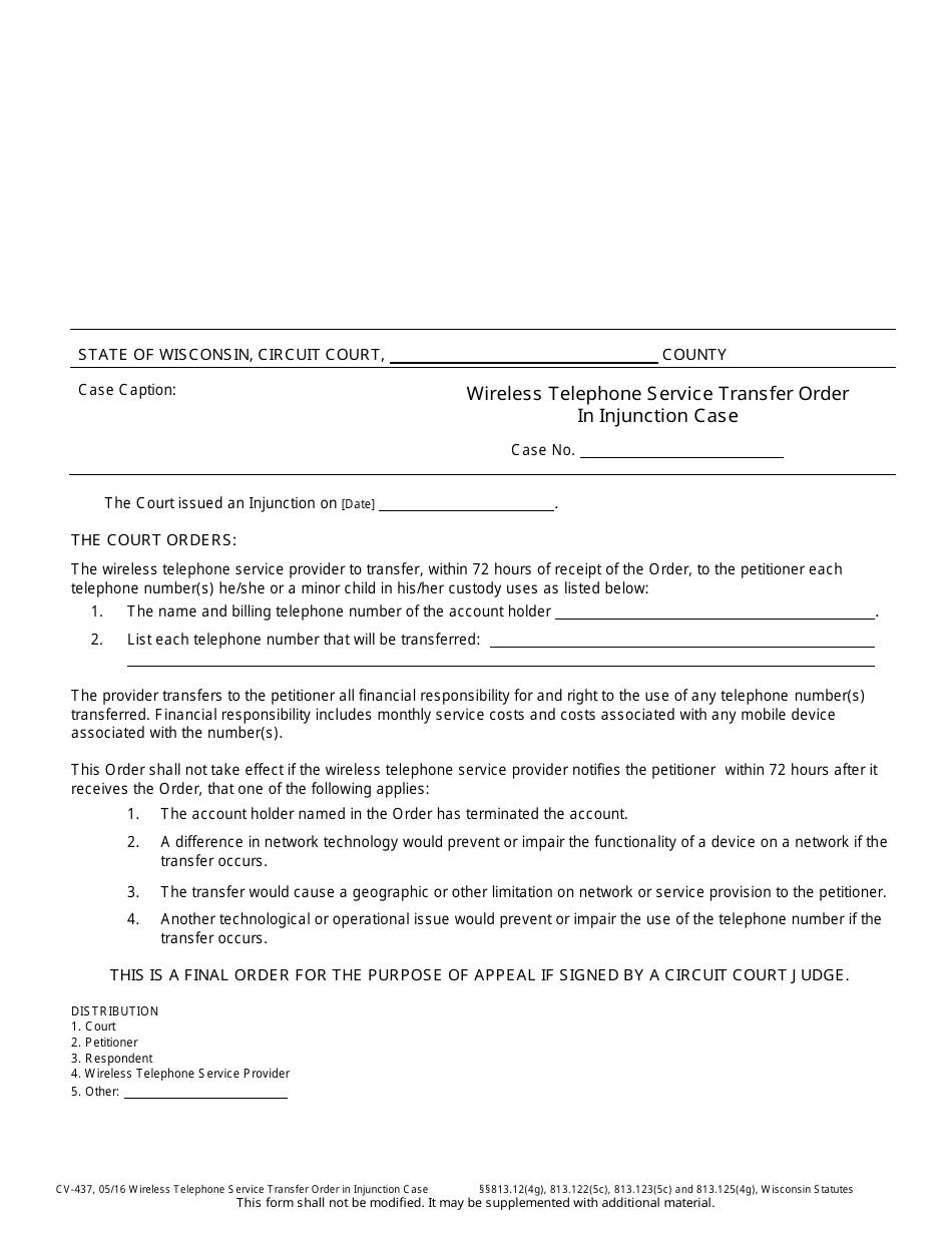 Form CV-437 Wireless Telephone Service Transfer Order in Injunction Case - Wisconsin, Page 1