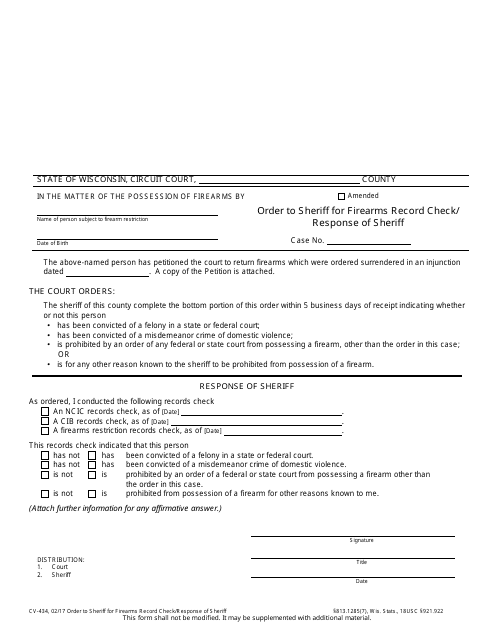 Form CV-434 Order to Sheriff for Firearms Record Check/Response of Sheriff - Wisconsin