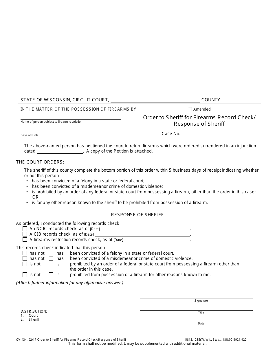 Form CV-434 Order to Sheriff for Firearms Record Check / Response of Sheriff - Wisconsin, Page 1