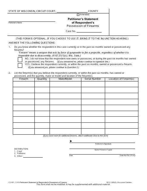 Form CV-801 Petitioner's Statement of Respondent's Possession of Firearms - Wisconsin
