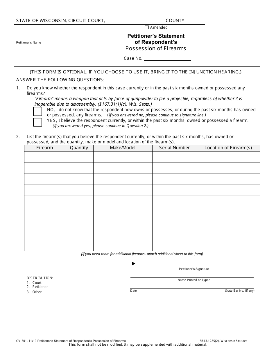 Form CV-801 Petitioners Statement of Respondents Possession of Firearms - Wisconsin, Page 1