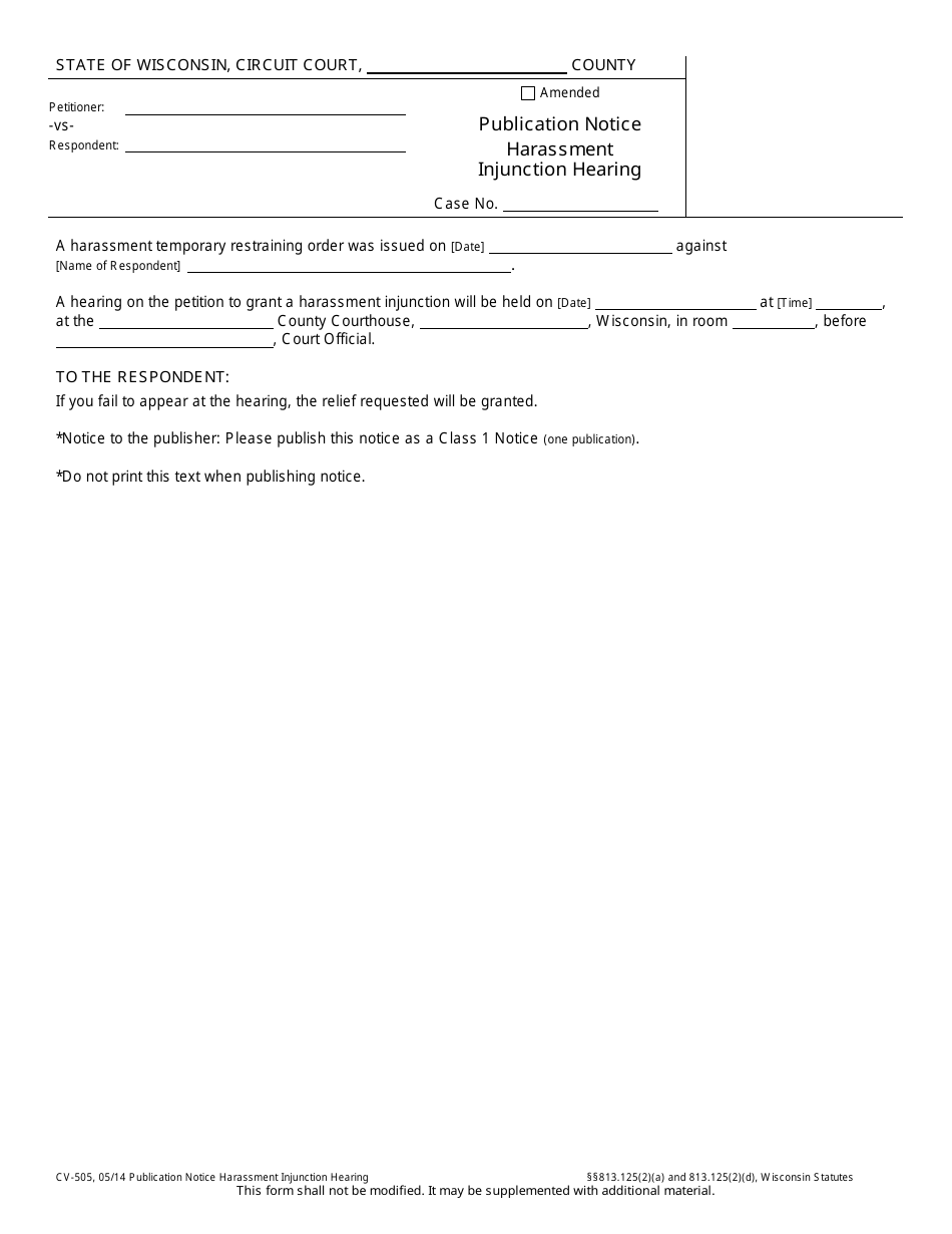 Form CV-505 Publication Notice Harassment Injunction Hearing - Wisconsin, Page 1