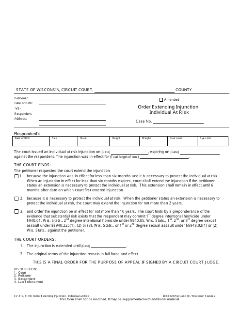 Form CV-510 Order Extending Injunction Individual at Risk - Wisconsin