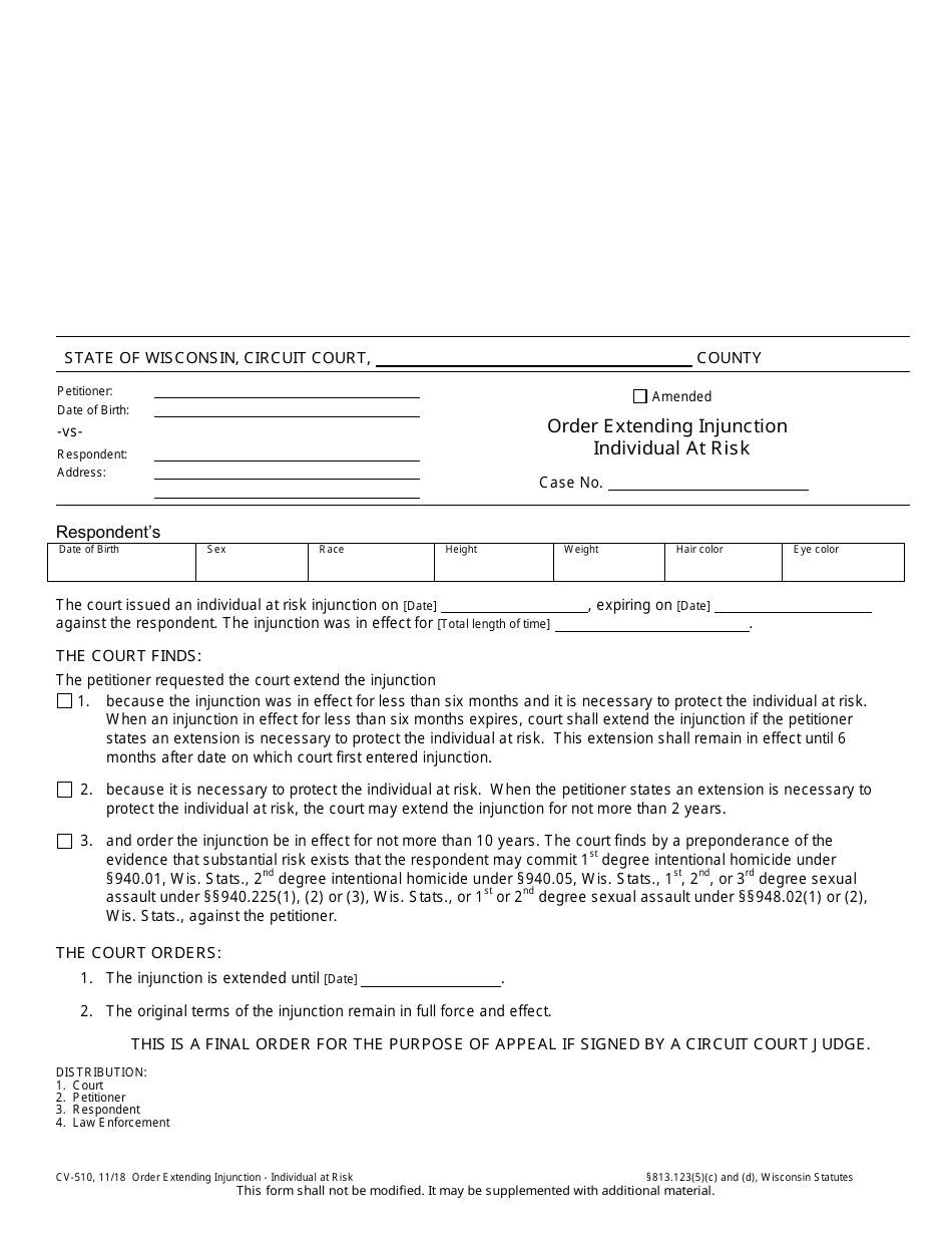 Form CV-510 Order Extending Injunction Individual at Risk - Wisconsin, Page 1