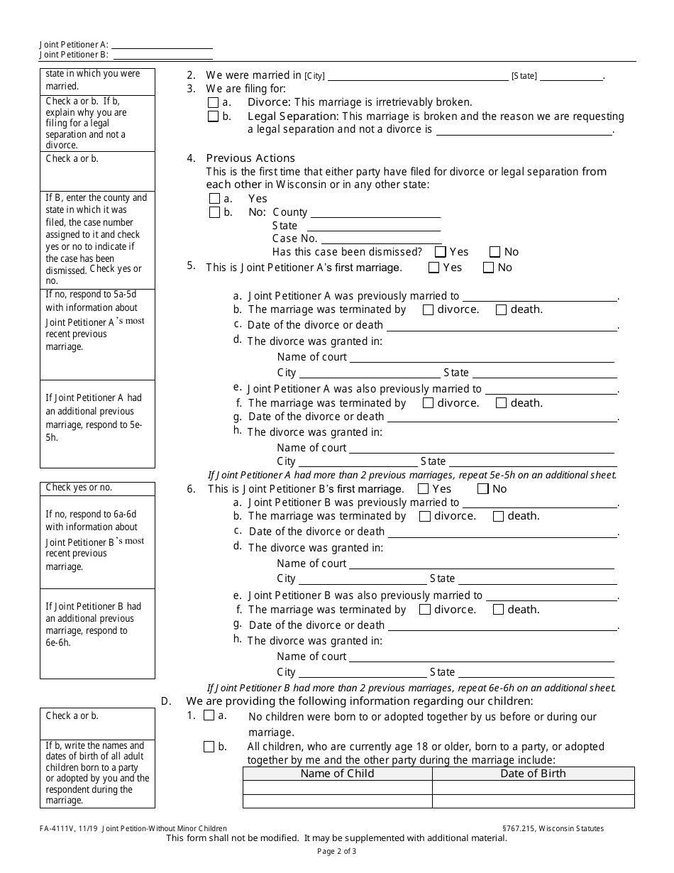 Form FA-4111V Joint Petition Without Minor Children - Wisconsin, Page 2
