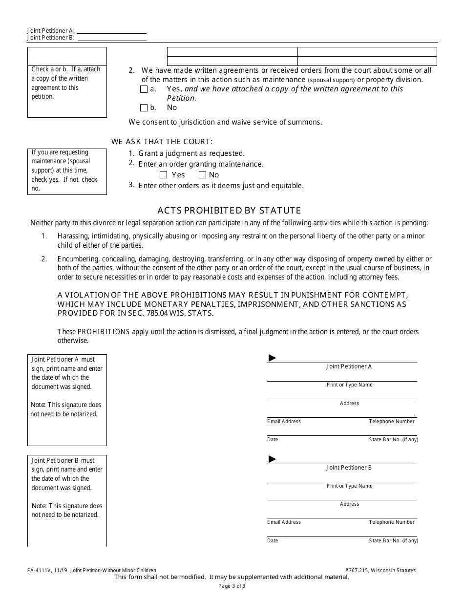 Form FA-4111V Joint Petition Without Minor Children - Wisconsin, Page 3